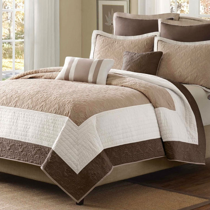 7-Piece Quilted Bedspread Set – Brown, Ivory, Tan & Cream