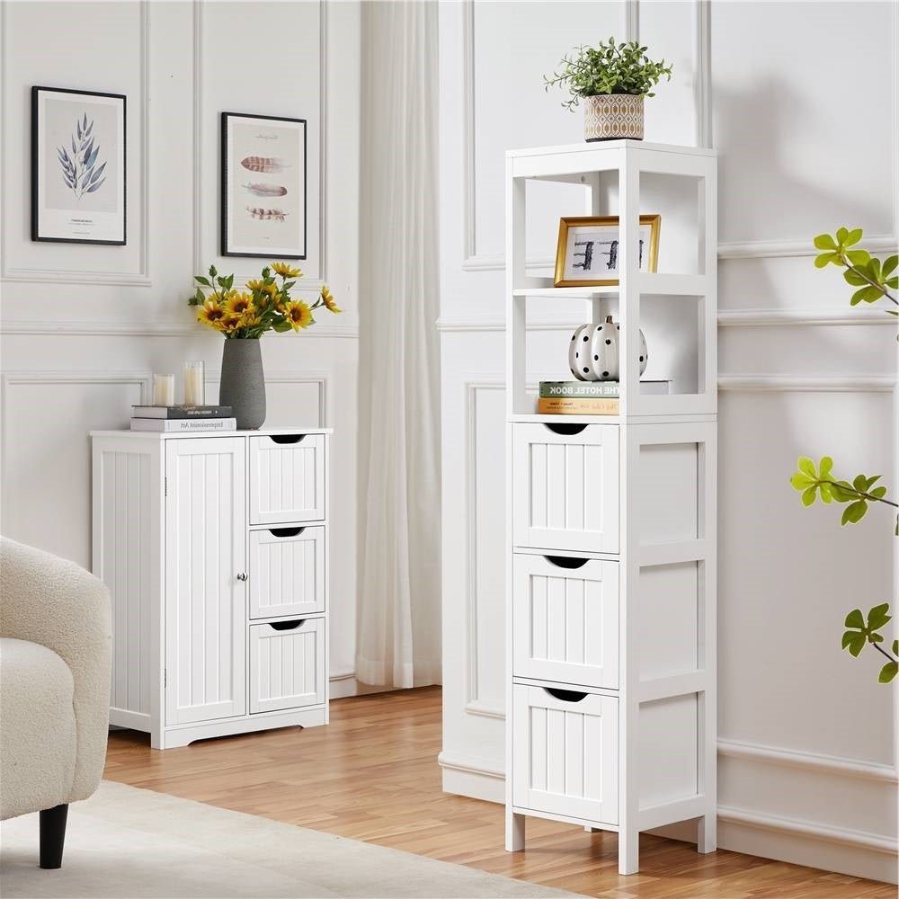 Bathroom Cabinet Tower with 3 Drawers & 2 Open Shelves – White