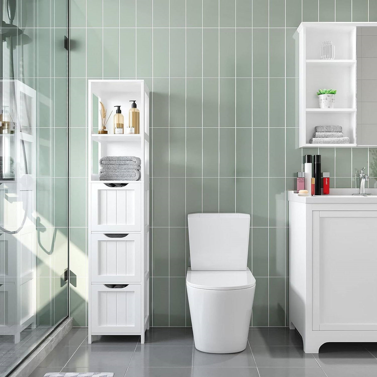Bathroom Cabinet Tower with 3 Drawers & 2 Open Shelves – White