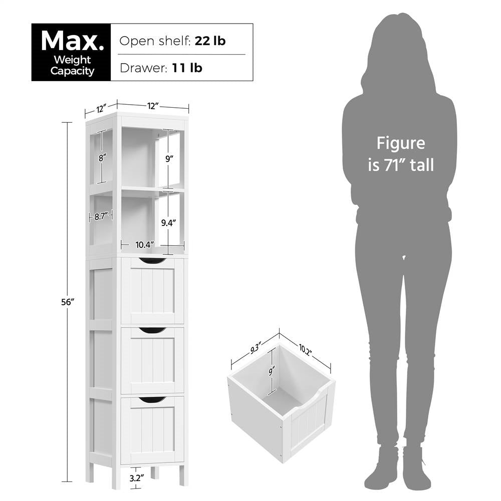 Bathroom Cabinet Tower with 3 Drawers & 2 Open Shelves – White