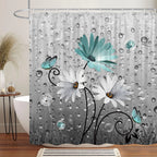 Teal Daisy & Butterfly Floral Shower Curtain – Xguatan (70 × 85, Hooks Included)
