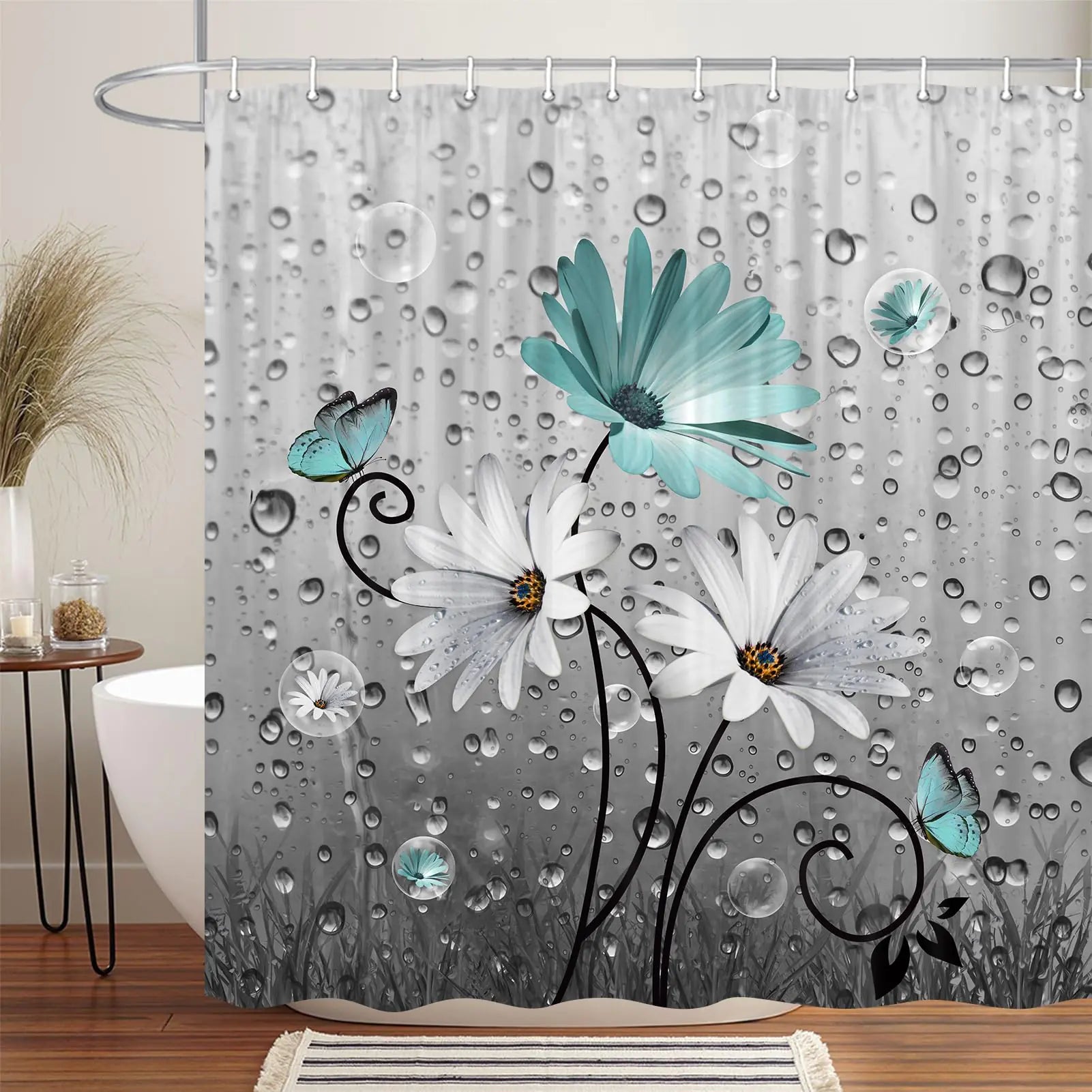 Teal Daisy & Butterfly Floral Shower Curtain – Xguatan (70 × 85, Hooks Included)