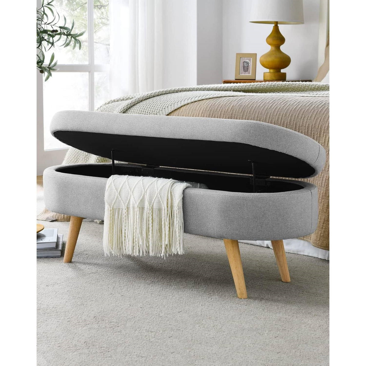 Mid-Century Modern Storage Bench – Gray Linen