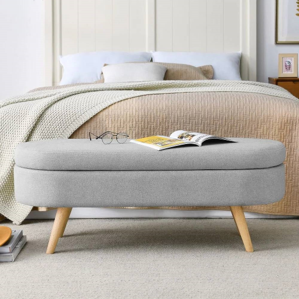 Mid-Century Modern Storage Bench – Gray Linen