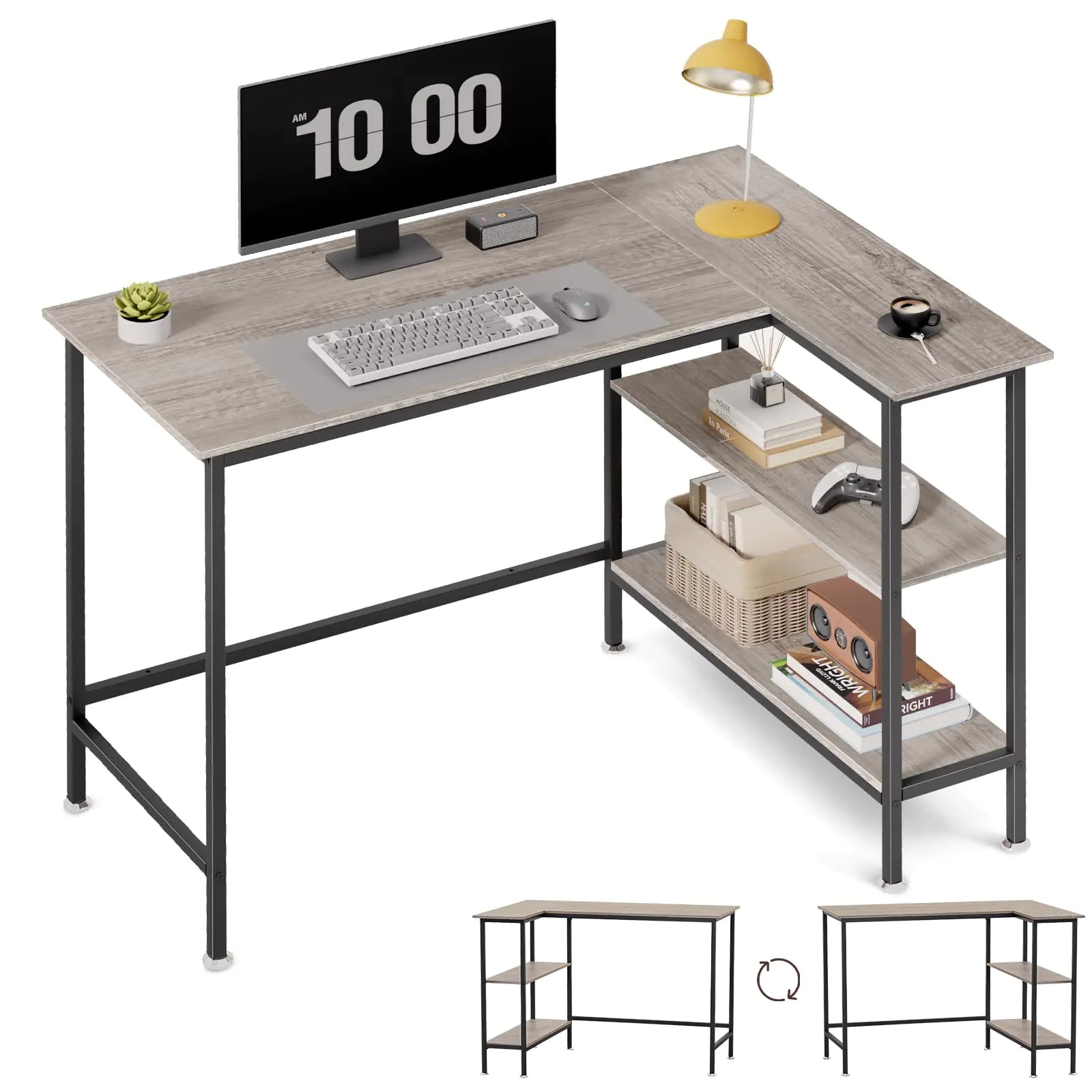 L-Shaped Corner Office Desk with Storage Shelves – GZSHIYITECH (Gray)