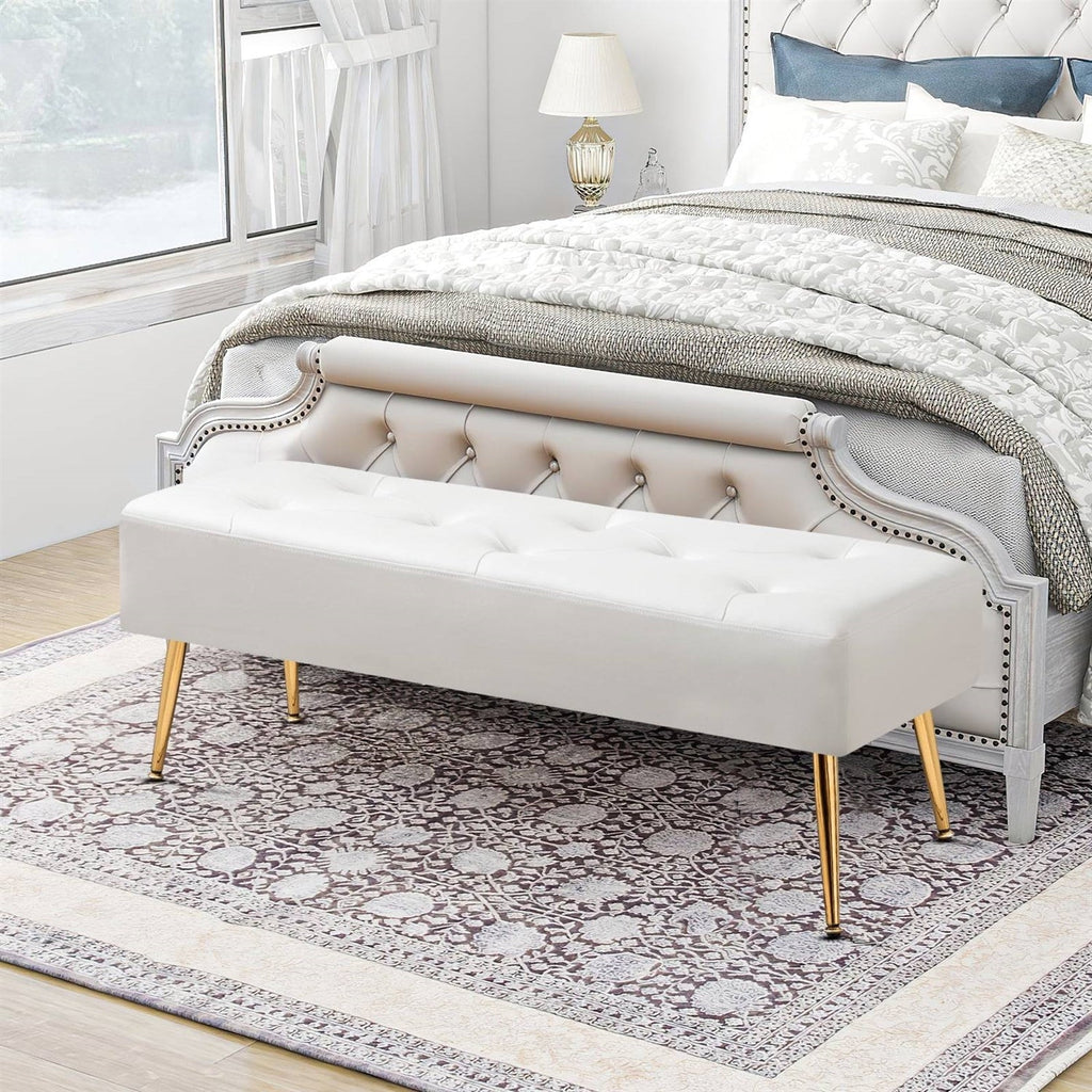 Modern Tufted Bed Bench Ottoman – Ivory White with Gold Legs