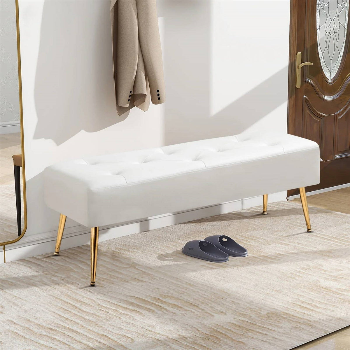 Modern Tufted Bed Bench Ottoman – Ivory White with Gold Legs