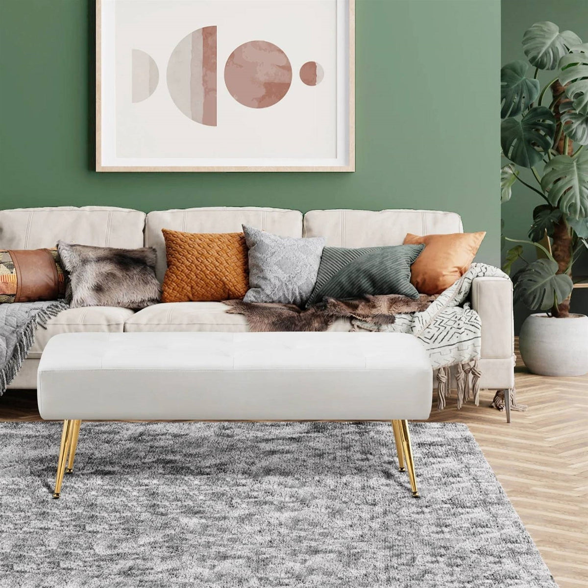 Modern Tufted Bed Bench Ottoman – Ivory White with Gold Legs