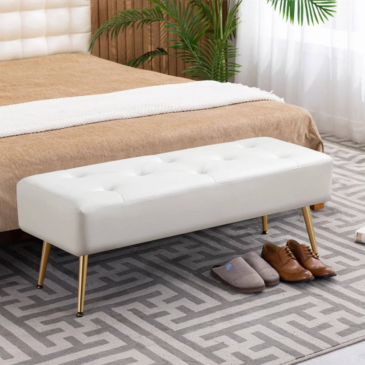 Modern Tufted Bed Bench Ottoman – Ivory White with Gold Legs