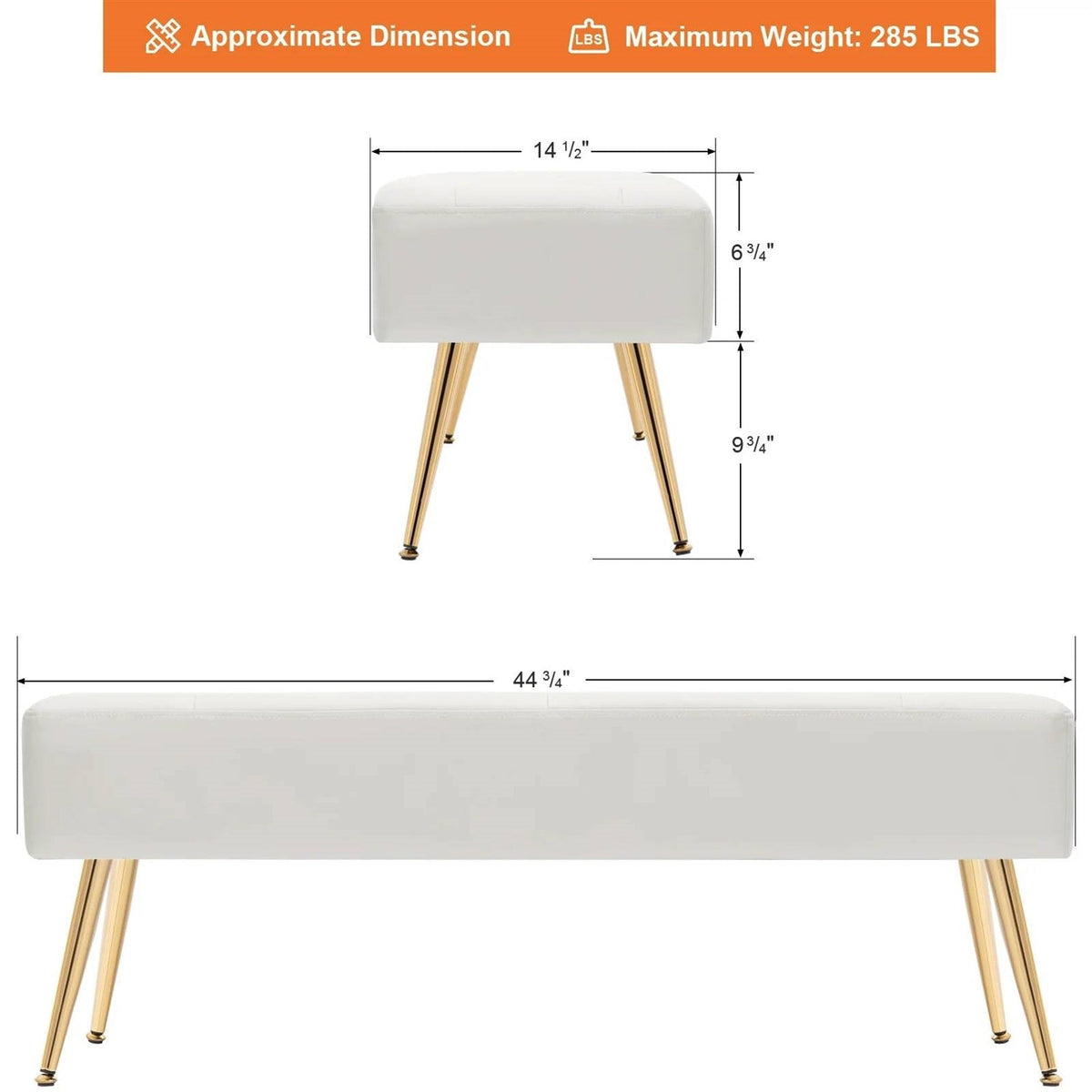 Modern Tufted Bed Bench Ottoman – Ivory White with Gold Legs