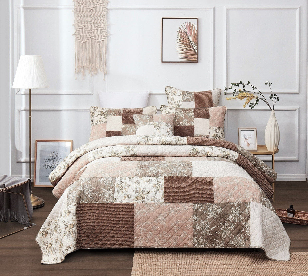 Quilted Bedspread Set - Dusty Rose Floral Patchwork