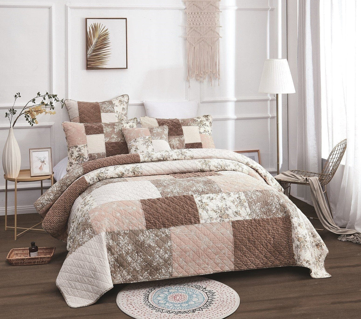Quilted Bedspread Set - Dusty Rose Floral Patchwork