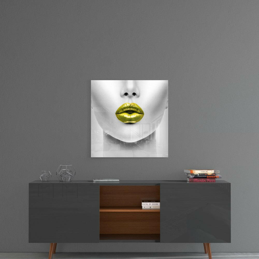 Gold Lips Glass Wall Art – Size Options