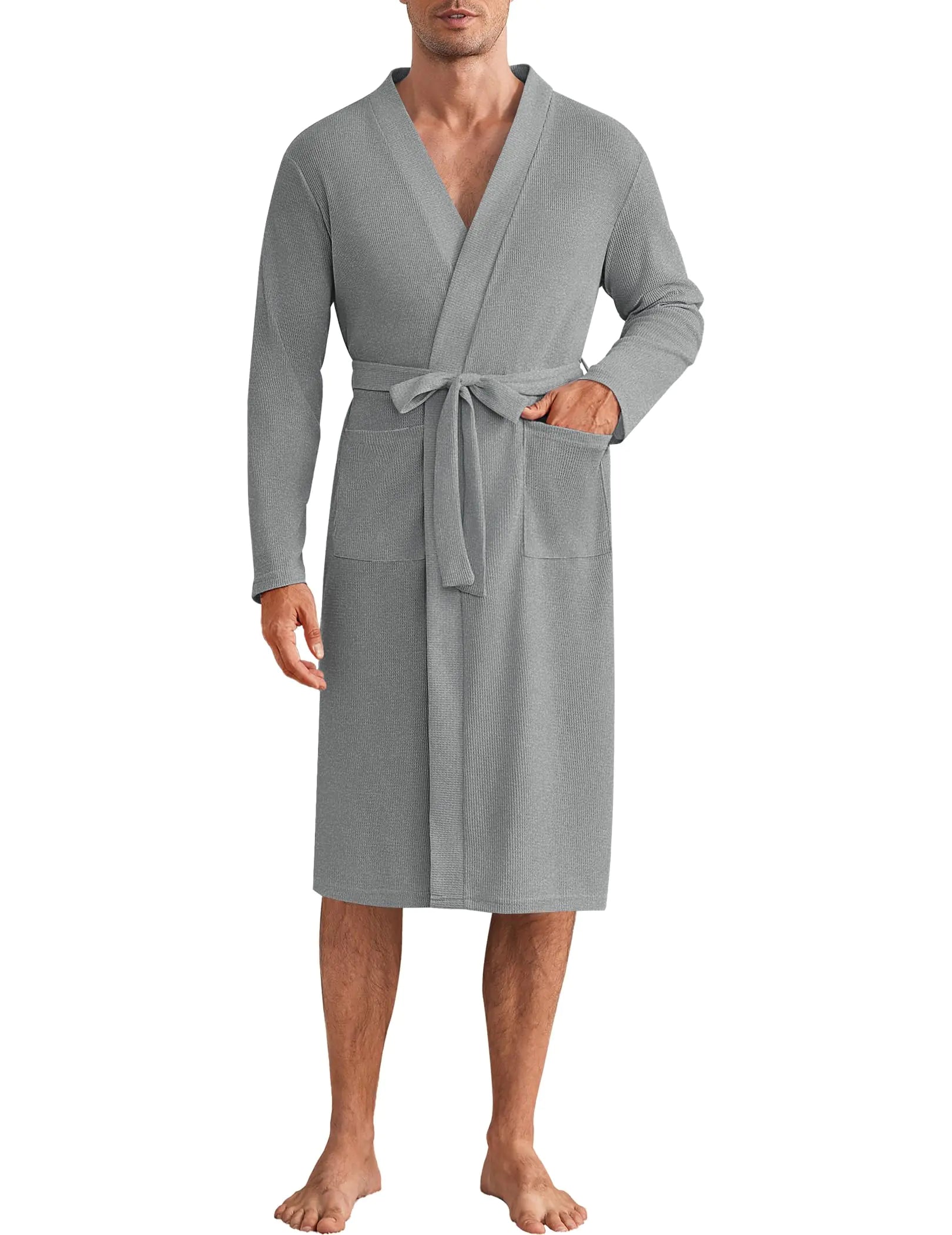 Men’s Lightweight Waffle Knit Bathrobe with Pockets – Ekouaer