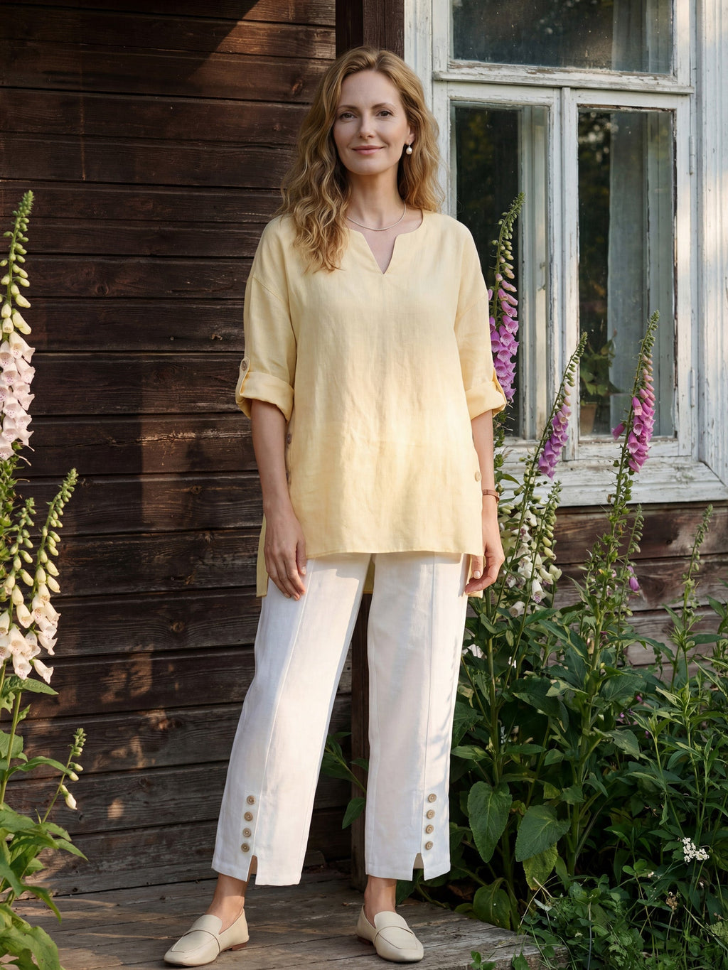 Daphnea 100% Linen Curved-Hem Oversized Top