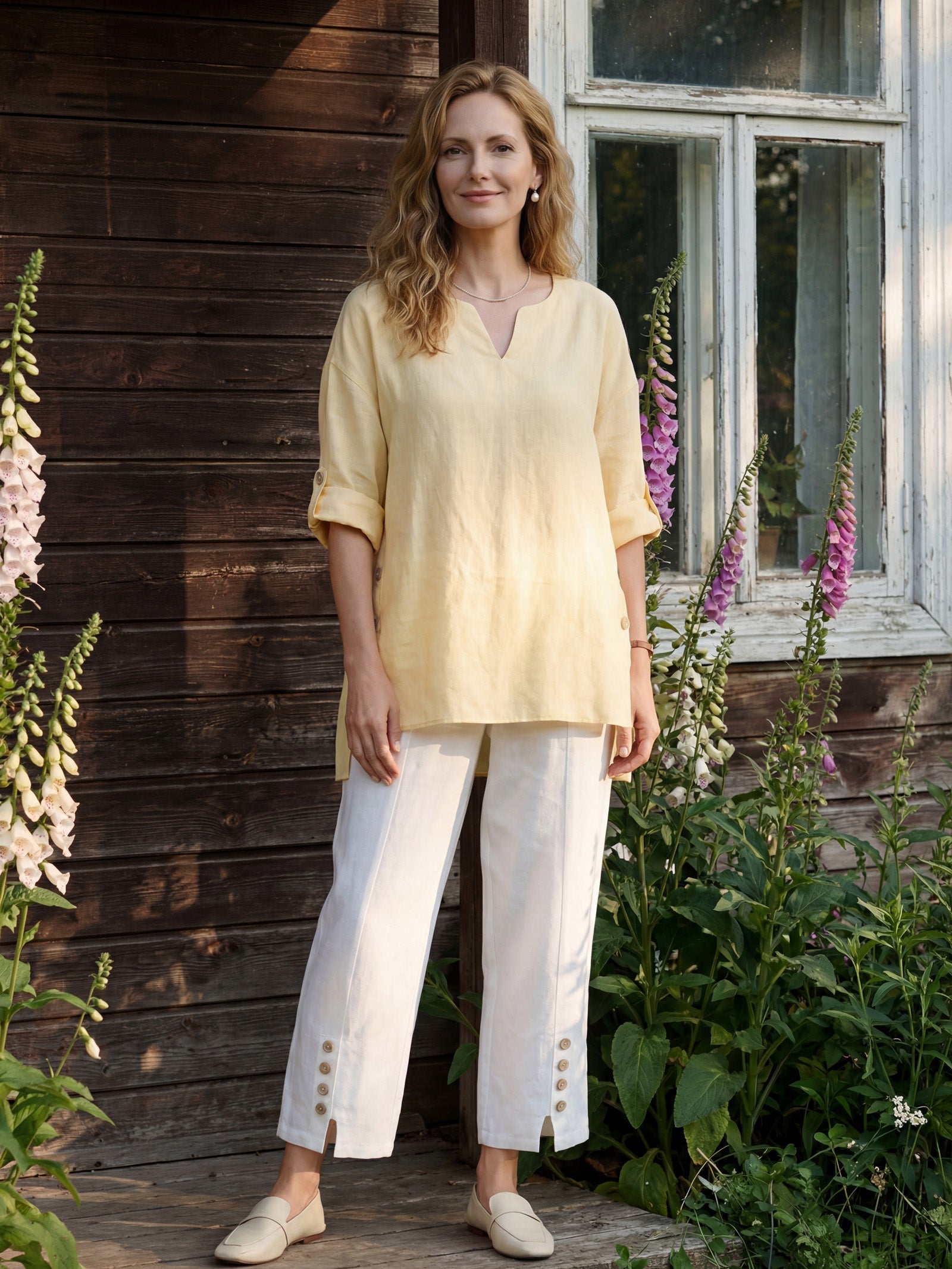 Daphnea 100% Linen Curved-Hem Oversized Top