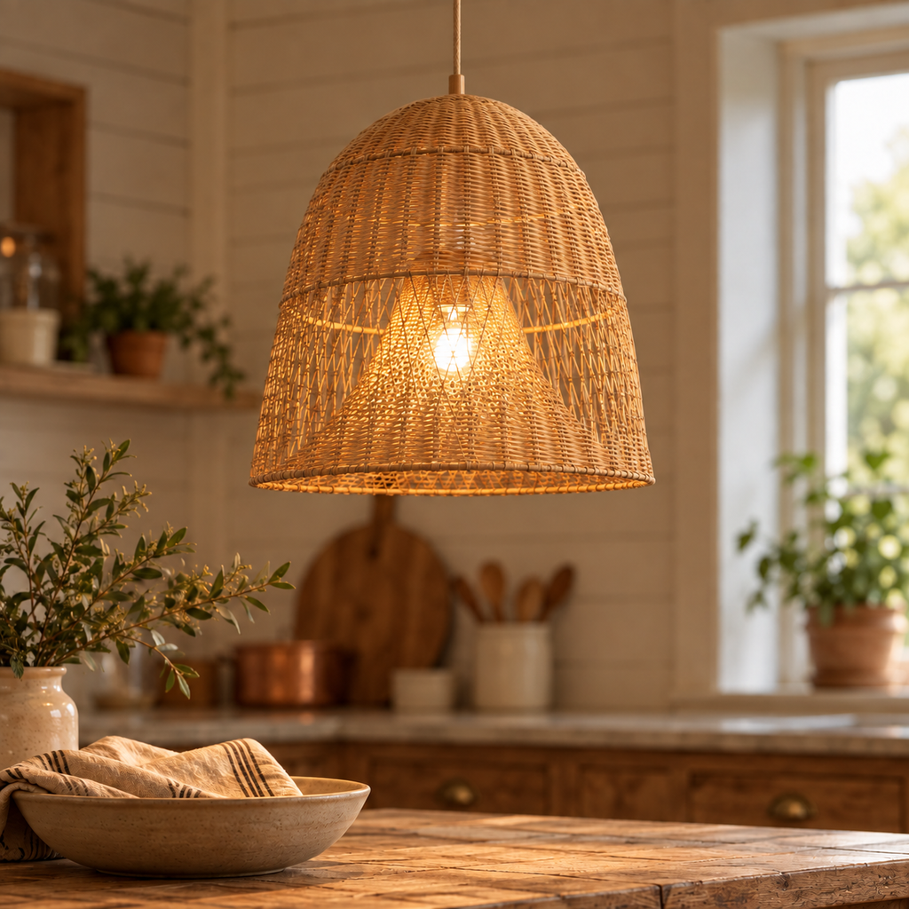 Handwoven Rattan Bell Pendant Light – Wabi-Sabi Style