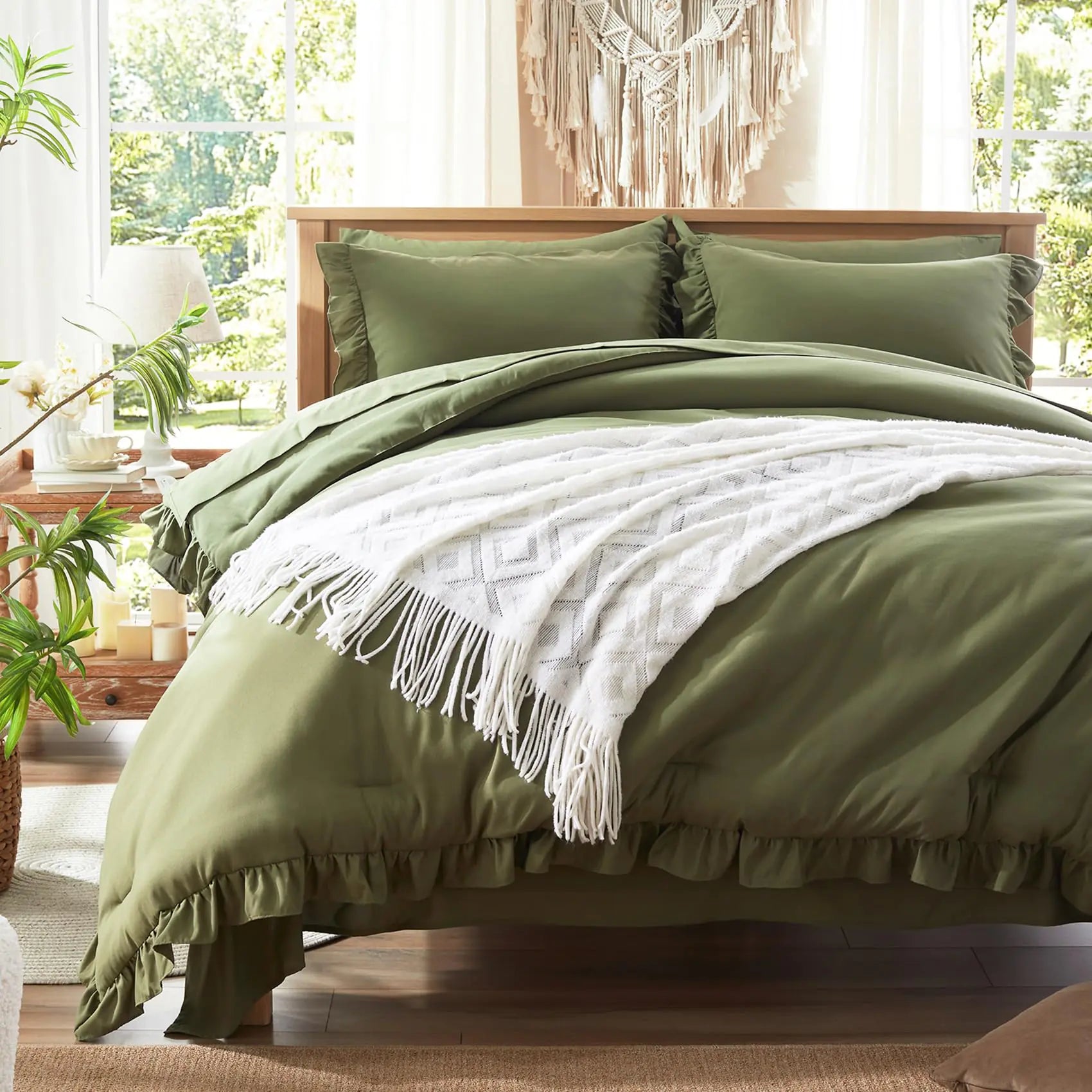 7-Piece Queen Size Ruffle Comforter Bedding Set – Anluoer (Olive Green)