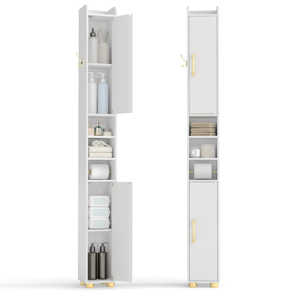 Narrow Bathroom Storage Cabinet with Shelves & Toilet Paper Holder