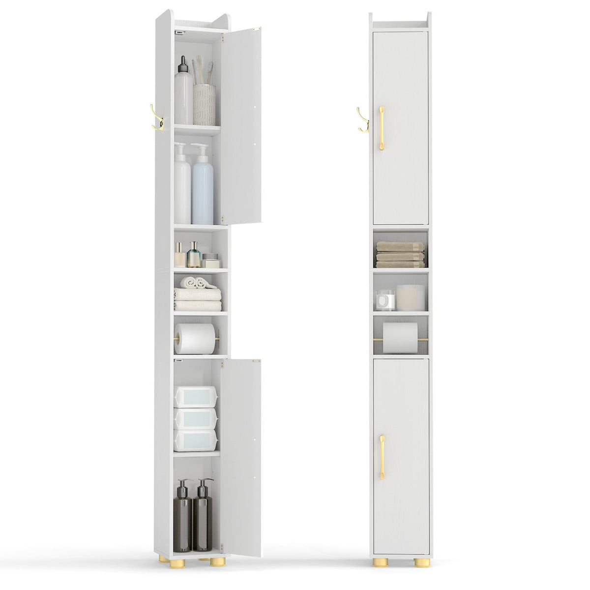 Narrow Bathroom Storage Cabinet with Shelves & Toilet Paper Holder
