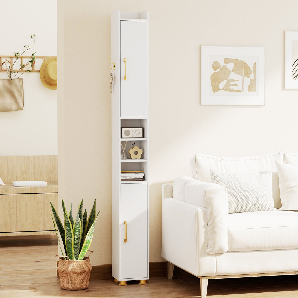 Narrow Bathroom Storage Cabinet with Shelves & Toilet Paper Holder
