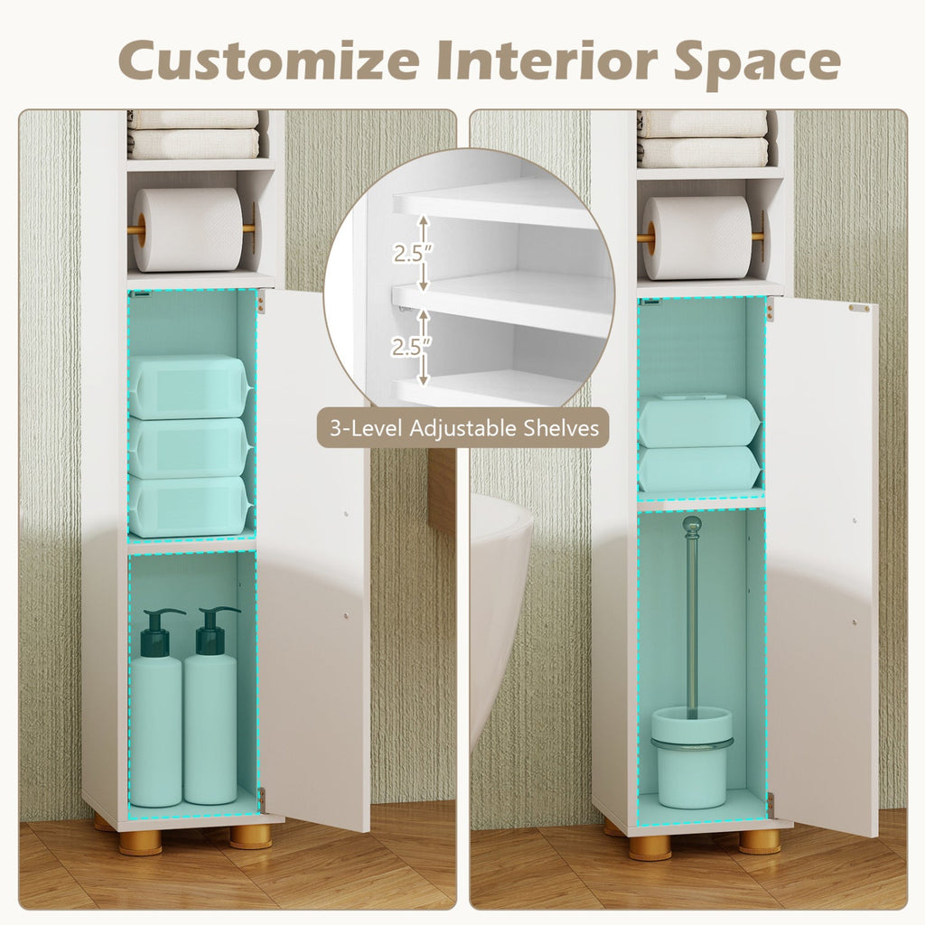 Narrow Bathroom Storage Cabinet with Shelves & Toilet Paper Holder