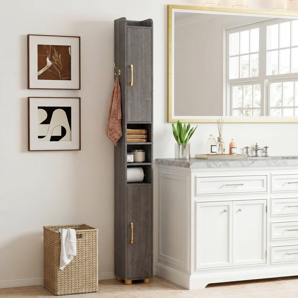 Narrow Bathroom Storage Cabinet with Shelves & Toilet Paper Holder