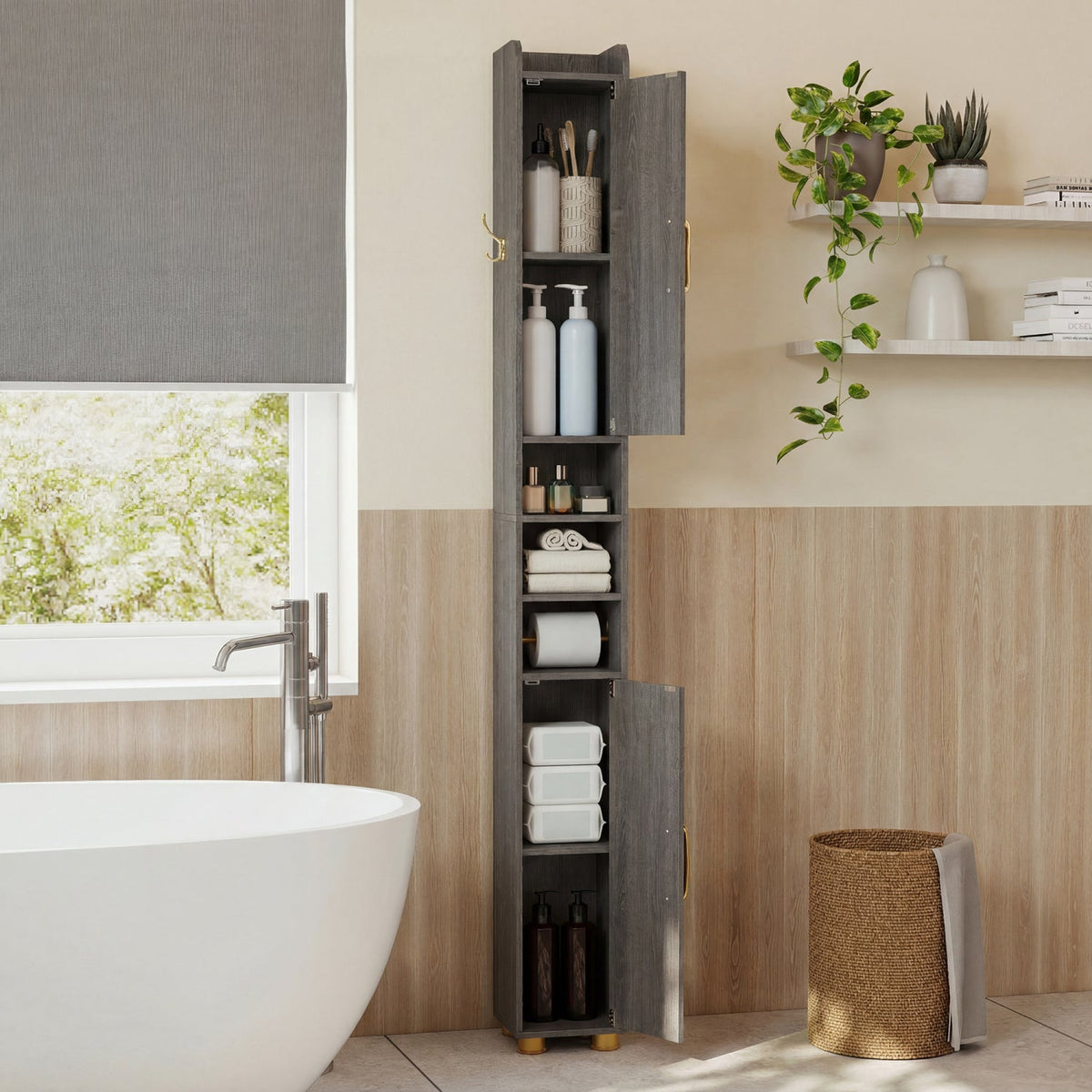 Narrow Bathroom Storage Cabinet with Shelves & Toilet Paper Holder