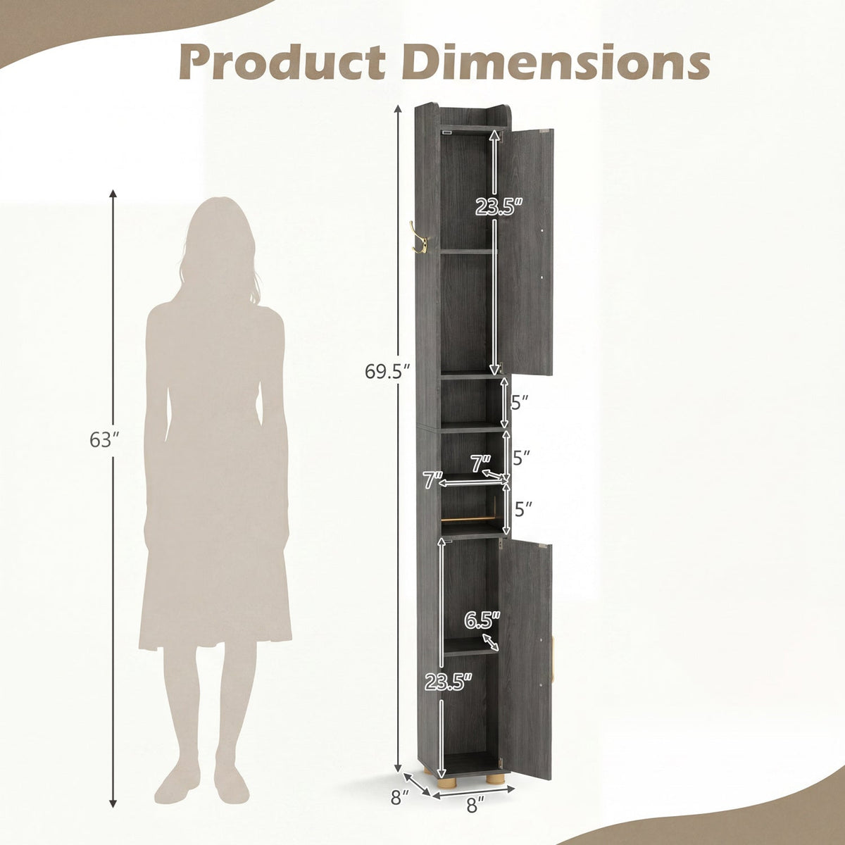 Narrow Bathroom Storage Cabinet with Shelves & Toilet Paper Holder