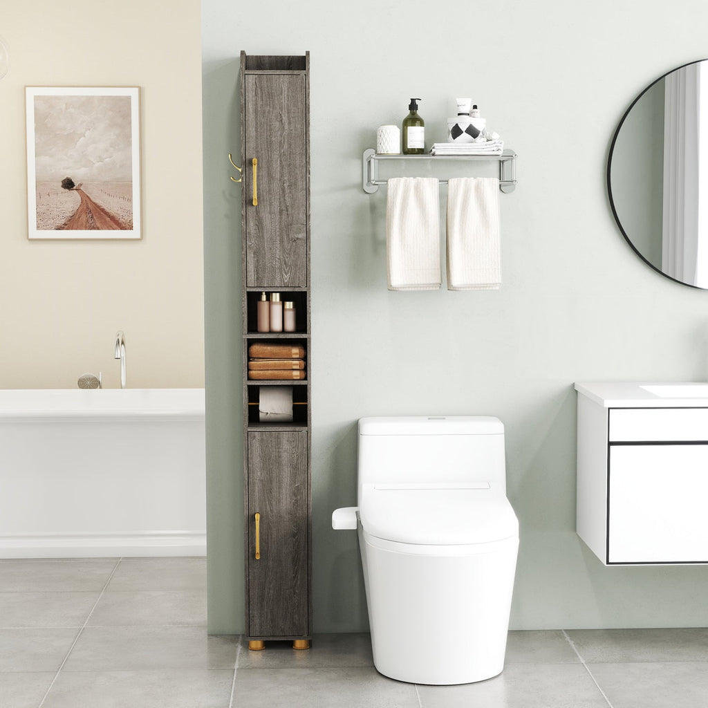 Narrow Bathroom Storage Cabinet with Shelves & Toilet Paper Holder