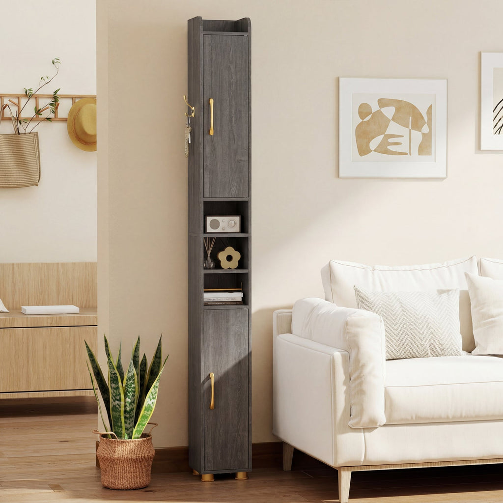 Narrow Bathroom Storage Cabinet with Shelves & Toilet Paper Holder