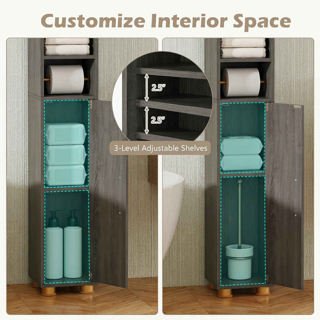 Narrow Bathroom Storage Cabinet with Shelves & Toilet Paper Holder