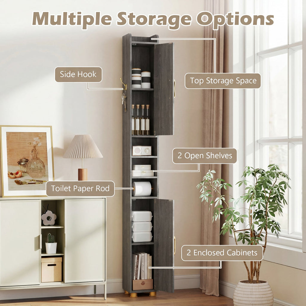 Narrow Bathroom Storage Cabinet with Shelves & Toilet Paper Holder