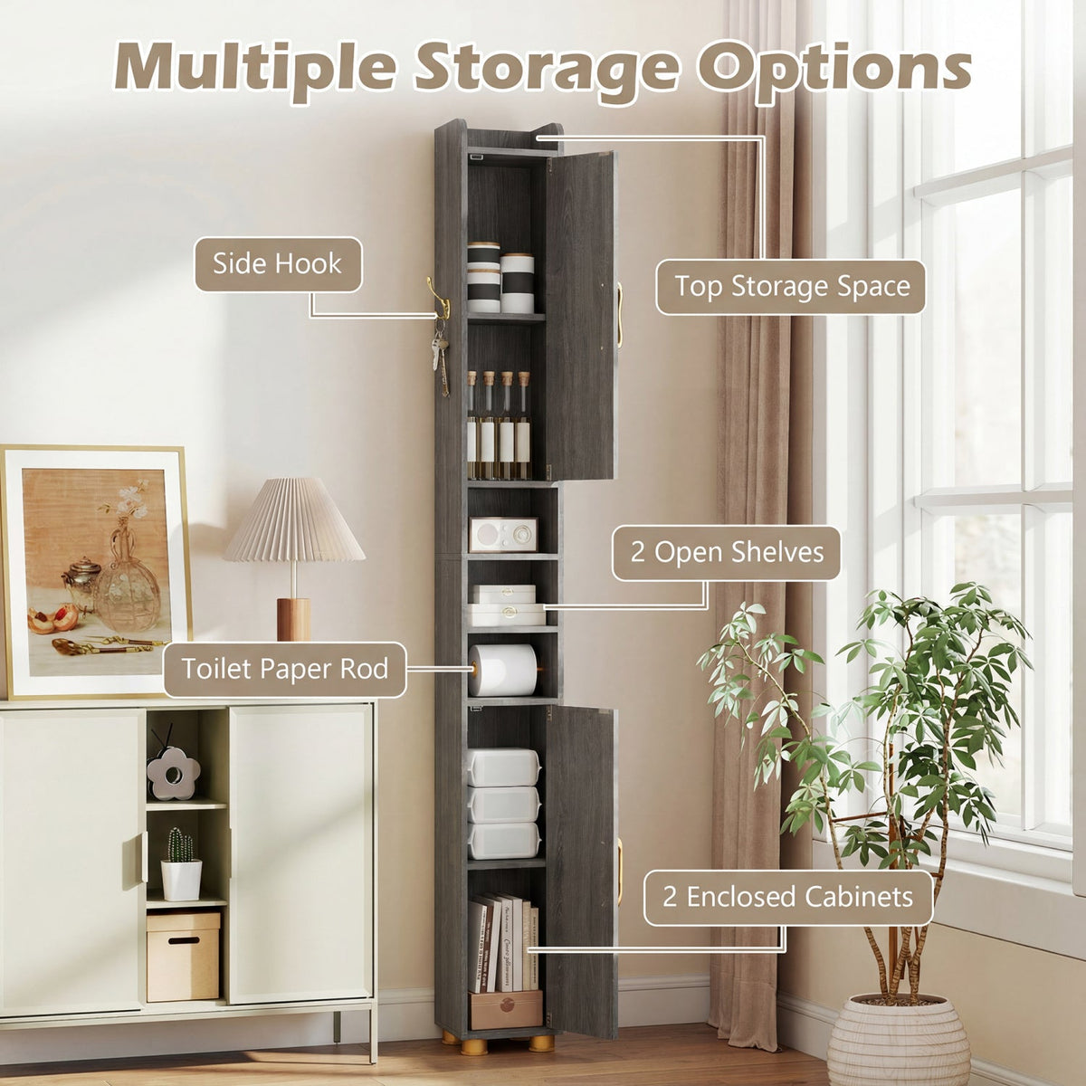 Narrow Bathroom Storage Cabinet with Shelves & Toilet Paper Holder