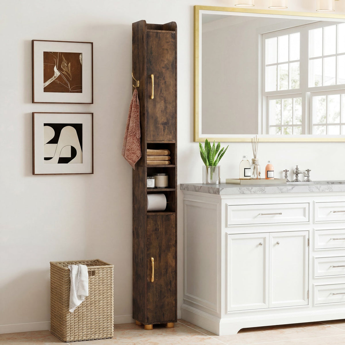 Narrow Bathroom Storage Cabinet with Shelves & Toilet Paper Holder
