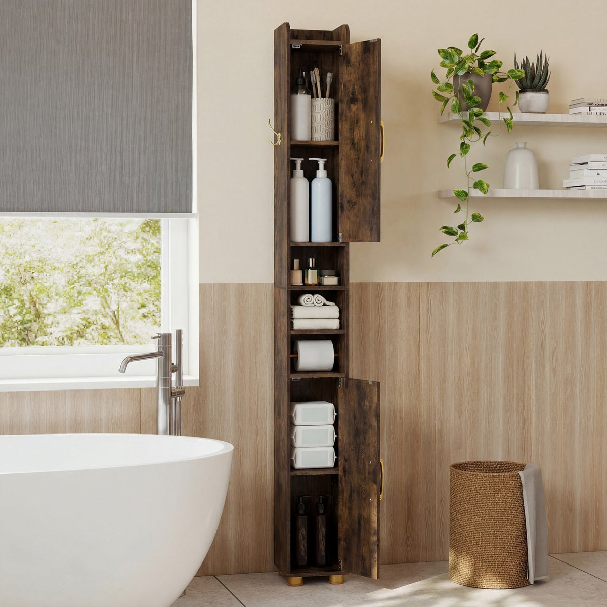 Narrow Bathroom Storage Cabinet with Shelves & Toilet Paper Holder