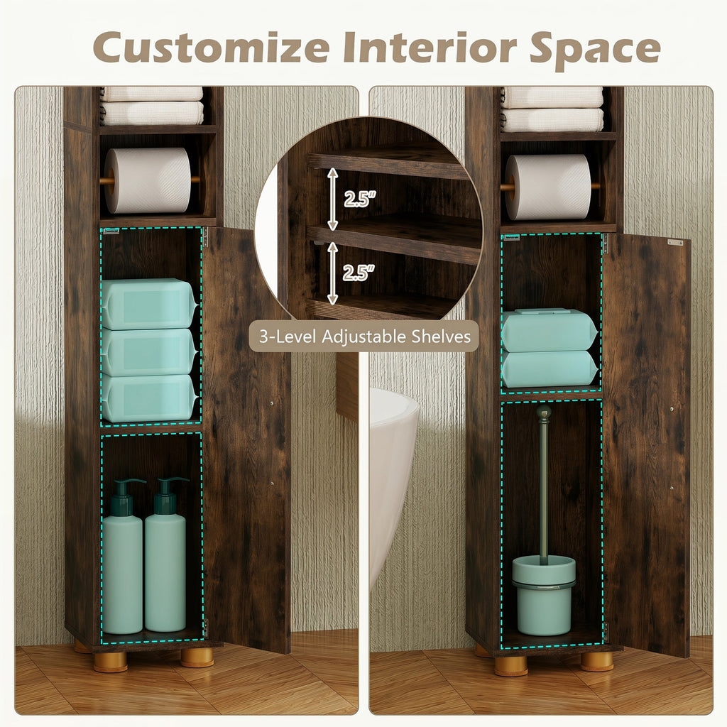 Narrow Bathroom Storage Cabinet with Shelves & Toilet Paper Holder