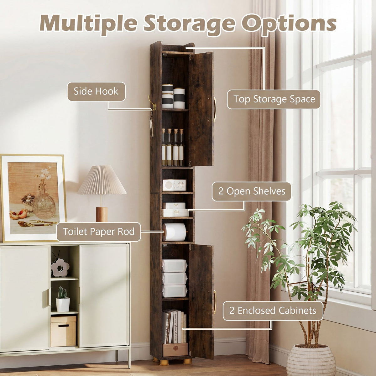 Narrow Bathroom Storage Cabinet with Shelves & Toilet Paper Holder