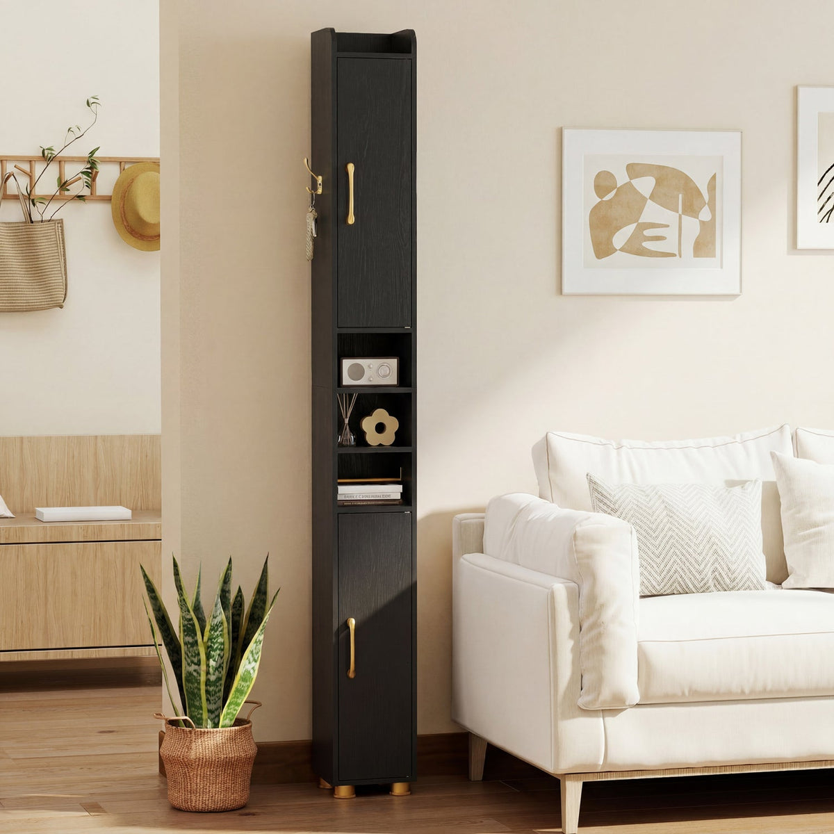 Narrow Bathroom Storage Cabinet with Shelves & Toilet Paper Holder