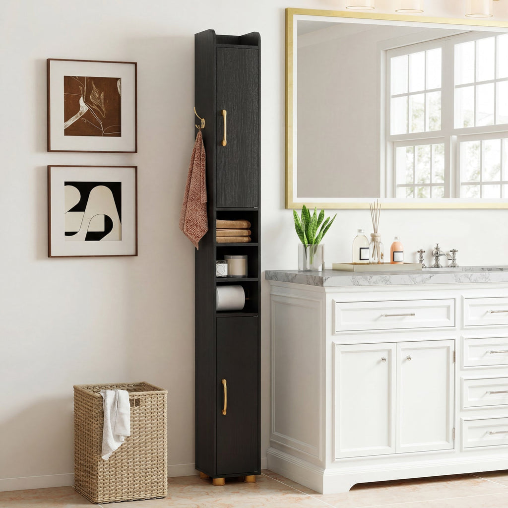 Narrow Bathroom Storage Cabinet with Shelves & Toilet Paper Holder