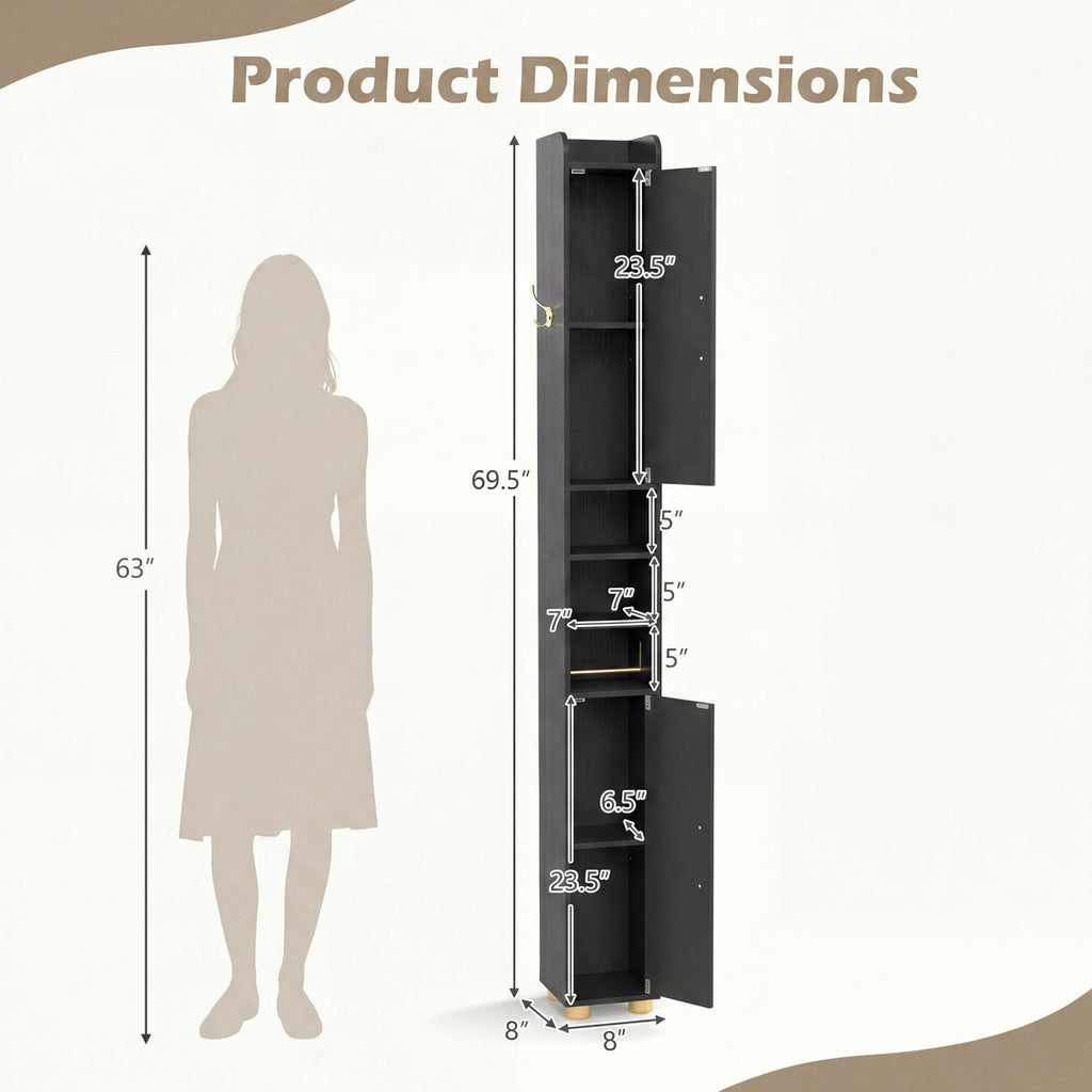 Narrow Bathroom Storage Cabinet with Shelves & Toilet Paper Holder