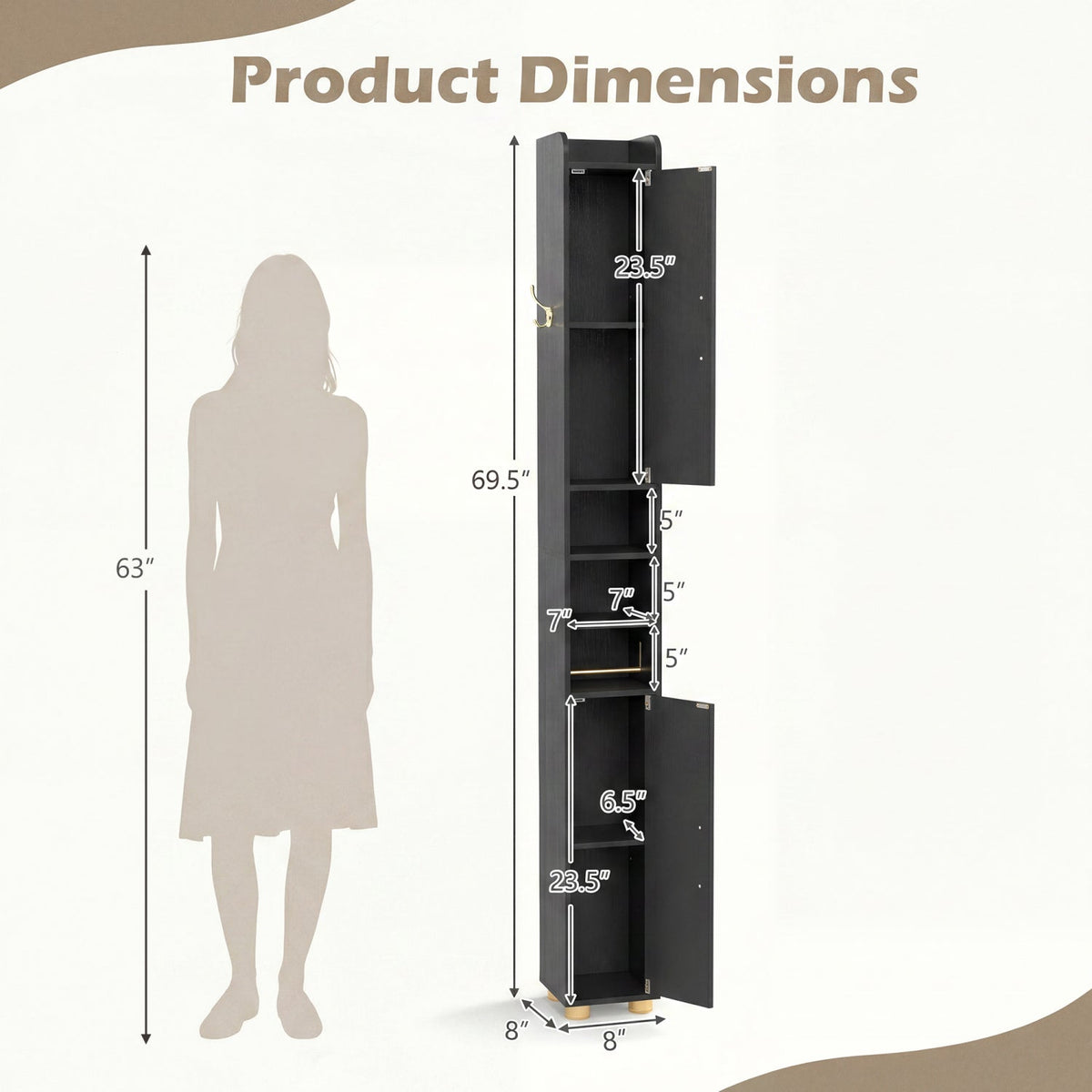 Narrow Bathroom Storage Cabinet with Shelves & Toilet Paper Holder