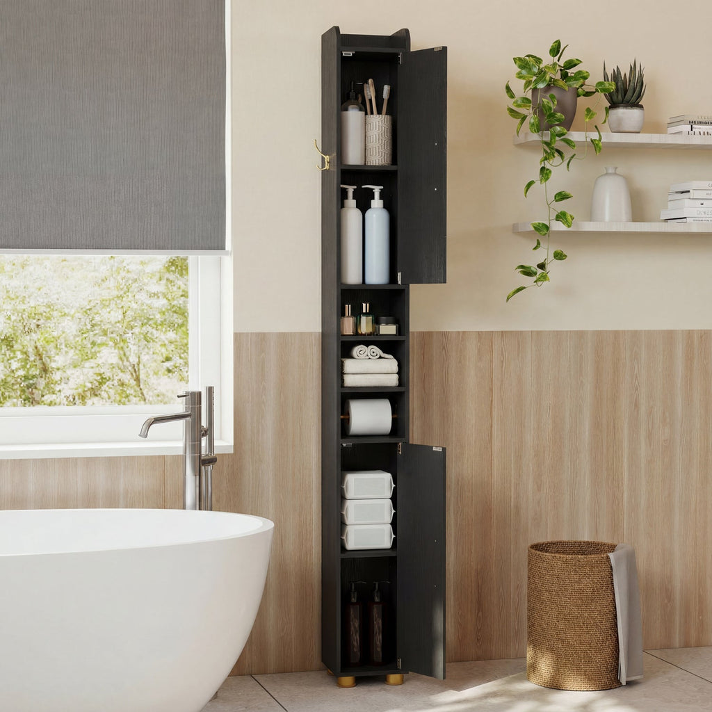 Narrow Bathroom Storage Cabinet with Shelves & Toilet Paper Holder