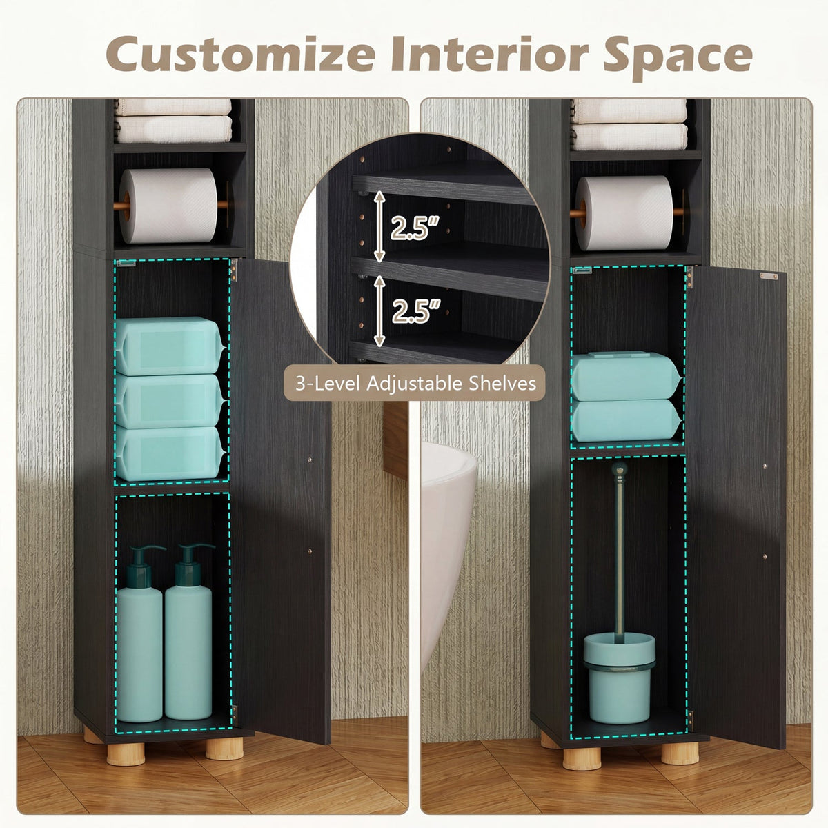 Narrow Bathroom Storage Cabinet with Shelves & Toilet Paper Holder
