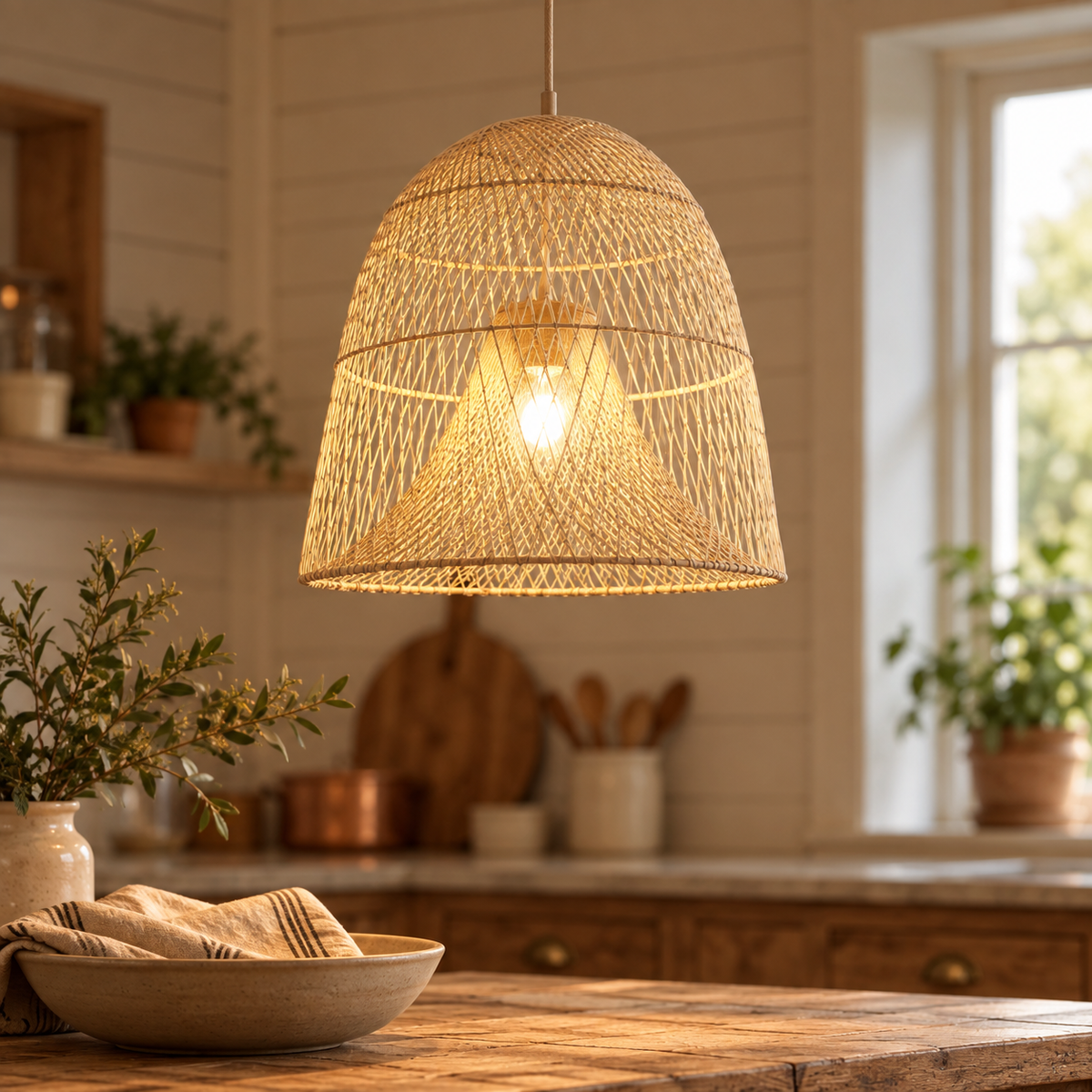 Handwoven Rattan Bell Pendant Light – Wabi-Sabi Style