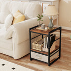 Industrial Bedside Nightstand with Open Shelf & Fabric Drawer – Rustic Brown