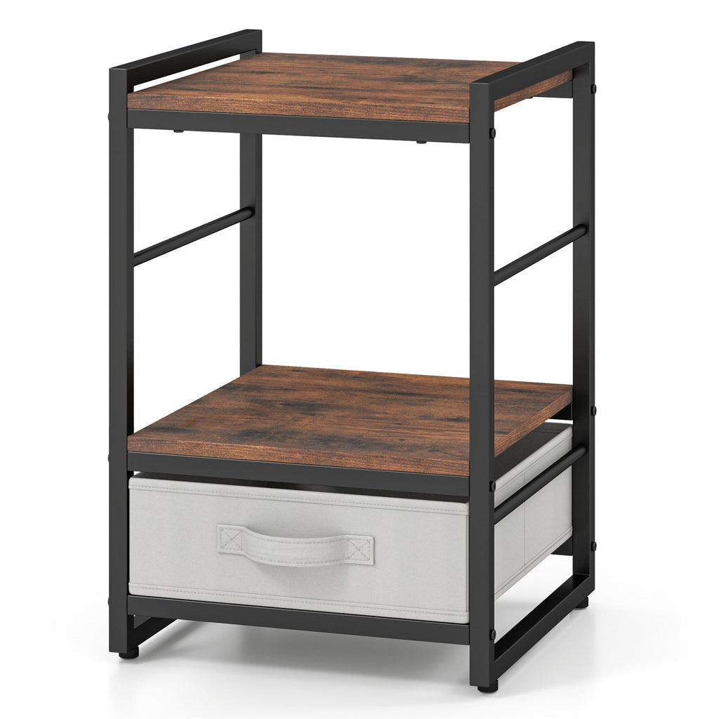 Industrial Bedside Nightstand with Open Shelf & Fabric Drawer – Rustic Brown