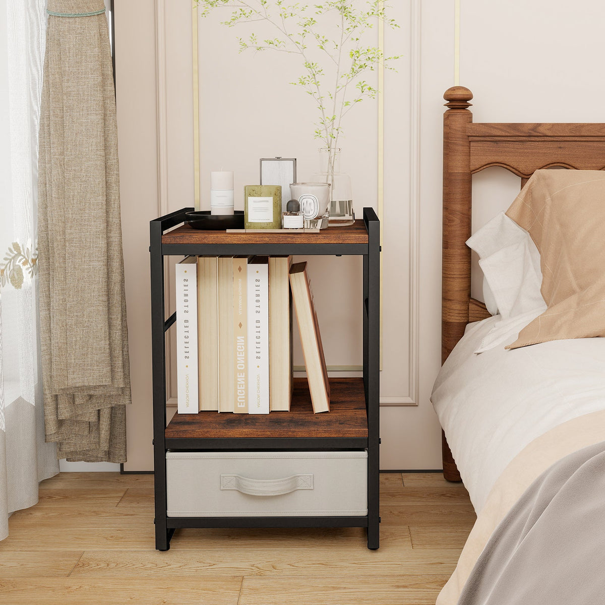 Industrial Bedside Nightstand with Open Shelf & Fabric Drawer – Rustic Brown