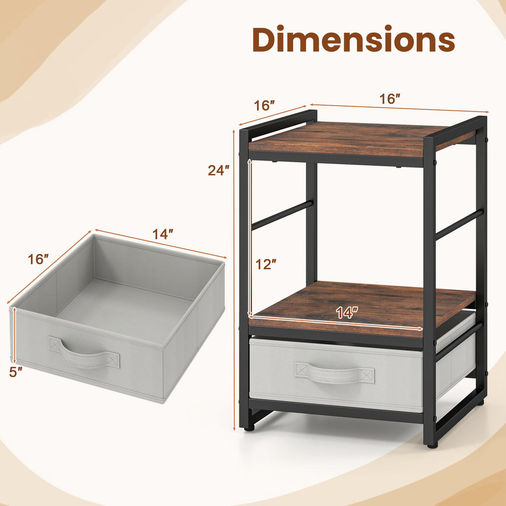 Industrial Bedside Nightstand with Open Shelf & Fabric Drawer – Rustic Brown