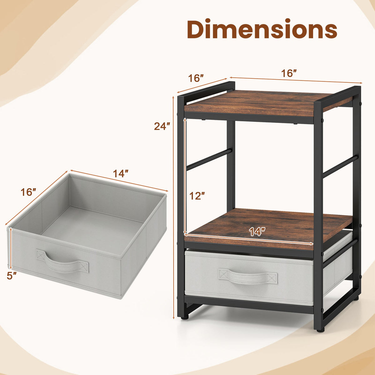 Industrial Bedside Nightstand with Open Shelf & Fabric Drawer – Rustic Brown